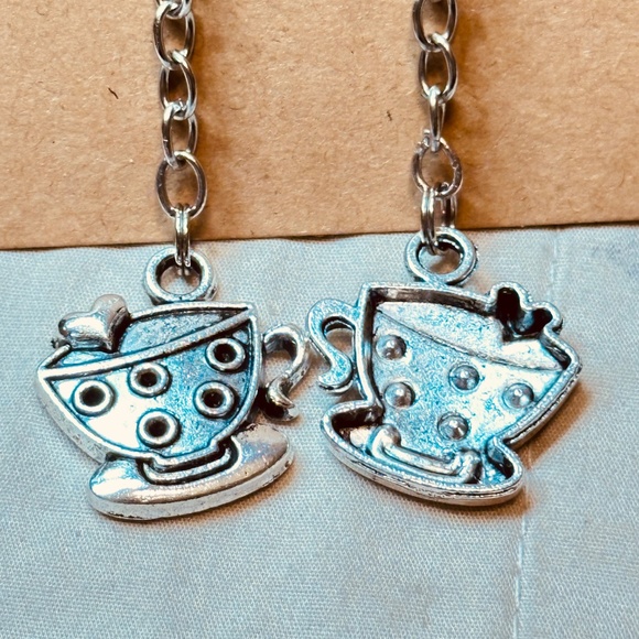 Silver Tone Coffee Cup Earrings on Hook w/Long Dangle Chain - Picture 2 of 4